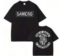 Shein Camiseta gráfica Sons of Anarchy SAMCRO para hombre y mujer: camiseta extragrande de algodón negro con el logotipo del club de motociclistas blanco de