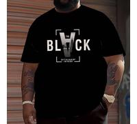 Shein Camiseta gráfica talla grande para hombre con estampado de tipografía y paisaje urbano, de punto de poliéster, diseño casual de cuello redondo