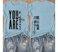 Shein Camiseta gráfica "TÚ ERES SUFICIENTE", Blusa casual de mujer de manga corta y cuello redondo, Impresa por ambos lados, Azul, Adecuada para uso diario