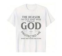 Shein Camiseta gráfica unisex de manga corta y cuello redondo, 100 % algodón: <<Soy viejo y sabio porque Dios me protegió cuando era joven y estúpido». Cami