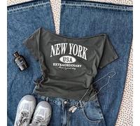 Shein Camiseta gris de manga corta con diseño gráfico de letra versátil y estilo deportivo casual para adolescentes, conjunto para volver al colegio