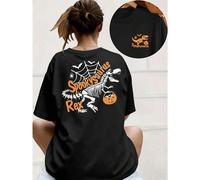 Shein Camiseta Halloween SpookySaurus Rex, para mujer, con estampado de doble cara, estilo casual, cuello redondo, 220 g/m² de algodón puro (1 unidad)