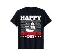 Shein Camiseta "Happy Columbus Day" para mujer, ropa de otoño, informal, cuello redondo, manga corta, lavable a máquina, uso diario, para todas las estacion