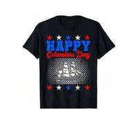 Shein Camiseta "Happy Columbus Day" para mujer, ropa de otoño, informal, cuello redondo, manga corta, lavable a máquina, uso diario, para todas las estacion