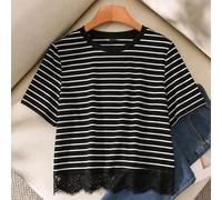 Shein Camiseta holgada a rayas con ribete de encaje y patchwork, manga corta, para mujer, casual para casa y vacaciones, primavera/verano