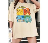 Shein Camiseta holgada con estampado de elfo Pokémon para mujer, ideal para primavera y verano, 100 % algodón, para uso diario, ropa urbana, color albaricoq