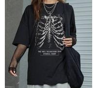 Shein Camiseta holgada con estampado de esqueleto vintage desgastado para festival de música rock oscura o ropa urbana de hip hop "EL ALMA SE TRASCIENDE A L