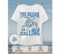 Shein Camiseta holgada con gráfico de tortuga marina con texto "El océano está llamando", cómoda y ajustada de 95% algodón, adecuada para vacaciones