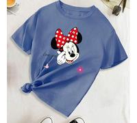 Shein Camiseta holgada de algodón azul cómoda de Disney para mujer, con cuello redondo, hombros caídos, informal, de entretenimiento, vacaciones, Mickey Mou