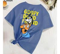 Shein Camiseta holgada de algodón azul cómoda de Disney para mujer, con cuello redondo, hombros caídos, informal, de entretenimiento, vacaciones, Mickey Mou