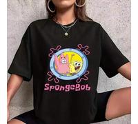 Shein Camiseta holgada de algodón para mujer de Bob Esponja 2025, color negro, para las cuatro estaciones, con estampado de Bob Esponja con un círculo pecul