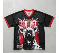 Shein Camiseta holgada de cuello en V para hombre con estampado digital a doble cara, patrón de hiena rugiente, letras de espinas de death metal, bloques de