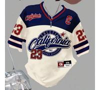 Shein Camiseta holgada de manga corta y cuello en V con estampe vintage de íconos de letras y números de la calle, adecuada para adolescentes en verano