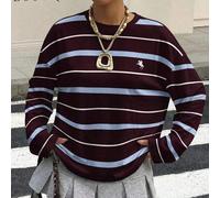 Shein Camiseta holgada de manga larga con cuello redondo, estampado de logo de mini caballo a rayas azul y morado, estilo retro casual, adecuada para el ver