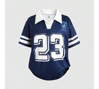 Shein Camiseta holgada informal con cuello polo y bloque de color con gráfico de letras para niñas preadolescentes, adecuada para la Copa del Mundo, festiva