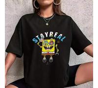 Shein Camiseta holgada negra para mujer 2025, con un bonito y peculiar estampado de Bob Esponja, tacto algodón, cuello redondo, hombros caídos, cómoda, para