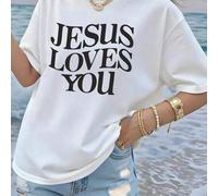 Shein Camiseta holgada para mujer 100% algodón con diseño cristiano "Jesús te ama", ropa de verano, tops de verano de tallas grandes, serie K-Pop Warrior, t
