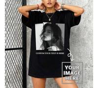 Shein Camiseta holgada para mujer con texto y patrón personalizado, sube tu foto/foto de grupo/foto de tu mejor amiga, reunión familiar de verano en negro
