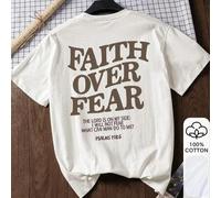 Shein Camiseta holgada para mujer, impresa con "FE SOBRE MIEDO", 100% algodón, camiseta gráfica blanca de manga corta, estampado gráfico, camiseta de verano