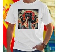 Shein Camiseta Hombre Gato Negro Gigante Respirando Fuego Atacando Ciudad Helicóptero Rascacielos Diseño Exclusivo Moda Casual Alta Calidad Idea Regalo Orig