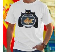 Shein Camiseta Hombre Three Black Cats Watching Goldfish in Fishbowl Diseño Original Algodón Suave Moda Casual Creativo Regalo Idea Exclusiva Especial Aman