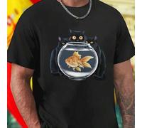 Shein Camiseta Hombre Three Black Cats Watching Goldfish in Fishbowl Diseño Original Algodón Suave Moda Casual Creativo Regalo Idea Exclusiva Especial Aman