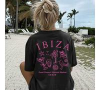 Shein Camiseta Ibiza con estampado de rayas rosas, camiseta informal de manga corta para mujer, corte holgado, estilo resort del sur de Europa, moderna y ve