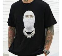 Shein Camiseta informal con estampado de máscara creativa para hombre, 1 pieza, 220 g/m², cuello redondo, informal, de algodón puro pesado