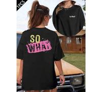 Shein Camiseta informal con gráfico "So What", de algodón de 220 g/m² para mujer, con estampado a doble cara, estilo informal y moderno, cuello redondo (1 u
