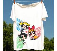 Shein Camiseta informal de algodón de gran tamaño para mujer, cuello redondo, manga corta, estampado gráfico de Las Chicas Superpoderosas, color blanco, par