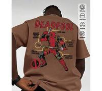 Shein Camiseta informal de cuello redondo de algodón de marca compartida de Marvel para hombre, estampado de Deadpool con viento fresco y armado, camisetas