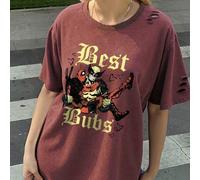Shein Camiseta informal de cuello redondo de algodón de marca compartida de Marvel para mujer, con estampado de Deadpool y Lobezno, tops versátiles para pri