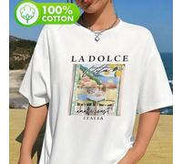 Shein Camiseta informal de manga corta para mujer, estilo primavera/verano 2025, con estampado LA DOLCE VITA ITALIA, 100 % algodón, corte holgado, estilo v