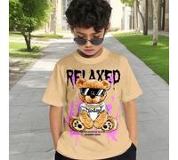 Shein Camiseta informal y sencilla para niños preadolescentes con un patrón de oso de dibujos animados, manga corta y cuello redondo, adecuada para el veran