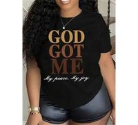 Shein Camiseta inspiradora "Dios está conmigo" para mujer - Negra de poliéster, de manga corta con cuello redondo, top casual de verano y primavera