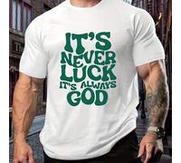 Shein Camiseta inspiradora para hombre, talla grande, con el texto "NUNCA ES SUERTE, SIEMPRE ES DIOS". Cuello redondo, 220 g/m², para verano, de puro algodó