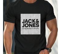 Shein Camiseta Jack & Jones con estampado geométrico para hombre, negra, cuello redondo, 220 g/m², verano, algodón puro, manga corta (1 pieza)