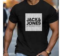Shein Camiseta JACK&JONES negra estampada para hombre. Camiseta informal de manga corta de algodón puro con cuello redondo de 220 g/m² (1 unidad).