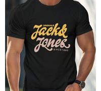 Shein Camiseta Jack & Jones para hombre, negra, original de 1990. Cuello redondo, 220 g/m², para verano, de puro algodón, manga corta (1 unidad).