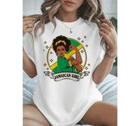 Shein Camiseta Jamaican Girl Power, algodón de 220 g, informal, de verano, con cuello redondo y manga corta (1 unidad)