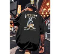 Shein Camiseta Jesus Cats Therapy Savior para hombre con estampado a doble cara, moderna, informal, cuello redondo, 220 g/m², algodón puro (1 unidad)