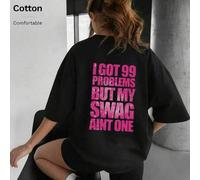 Shein Camiseta larga de punto casual para mujer con cuello redondo y hombros caídos, estampado "I Got 99 Problems But My Swag Ain't One", estilo callejero,