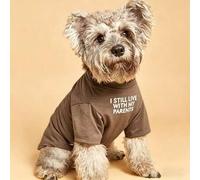 Shein Camiseta ligera de color caqui para mascotas, con el eslogan "Todavía vivo con mis padres", para evitar que la mascota se pierda y se confunda con un