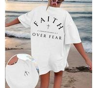 Shein Camiseta ligera para mujer con versículo bíblico "La fe vence al miedo", ajuste regular, camiseta gráfica cristiana inspiradora, casual de verano, bla