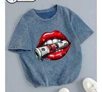Shein Camiseta minimalista retro de mujer con estampado de labios rojos mordiendo un billete. Camiseta de cuello redondo de manga corta casual, perfecta par