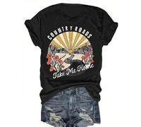Shein Camiseta mujer tops sudaderas, gráfica "COUNTRY ROADS Take Me Home" para mujer - Cuello redondo, manga corta, color rojo, informal, con estampado flor
