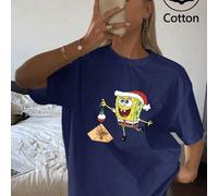 Shein Camiseta navideña de Bob Esponja de algodón blanco de manga corta para mujer, con estampado casual y hombros caídos. Presenta a Bob Esponja con un gor