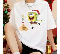 Shein Camiseta navideña de Bob Esponja de algodón blanco de manga corta para mujer, con estampado casual y hombros caídos. Presenta a Bob Esponja con un gor