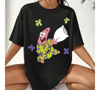 Shein Camiseta negra básica, versátil y holgada de manga corta para mujer, de Bob Esponja, en color liso. Patricio Estrella lleva un pijama con una base ver