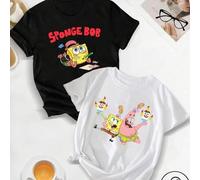 Shein Camiseta negra + camiseta blanca de Bob Esponja CP, ¡un adorable doble de la infancia CP y abierto al público! Combinación de Bob Esponja +, 100 % alg